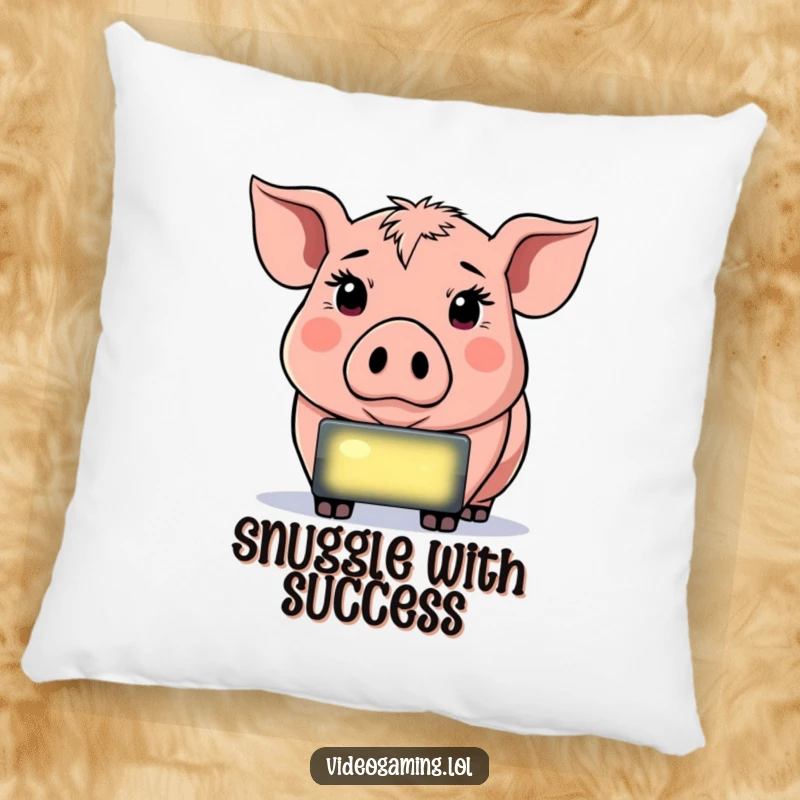 Funny Determined Pig Pillow, staring intently at a glowing screen, providing soft, humorous decor for gamers.
