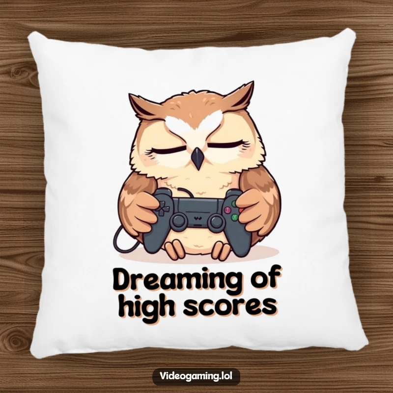 Funny Tired Owl Pillow, snuggled up with a controller, providing soft, humorous comfort for gamers needing rest.