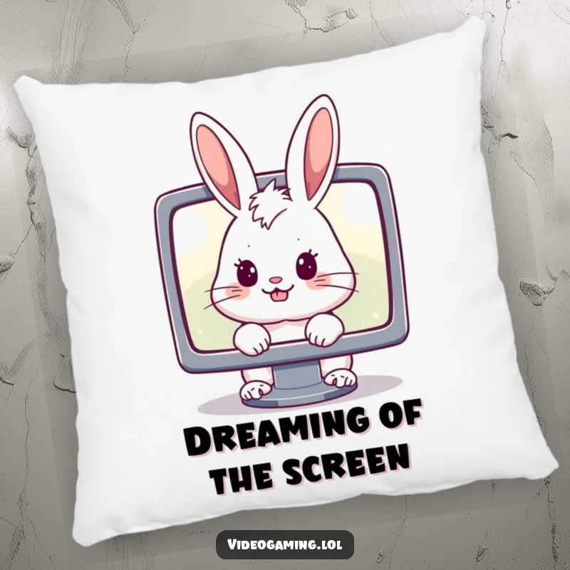 Funny decorative pillow with a cheerful rabbit's captivated stare at a glowing monitor, adding humorous gamer comfort.