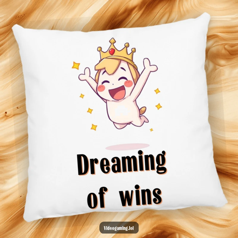 Funny pillow adorned with a playful character in a joyful, energetic leap symbolizing a triumphant victory and sheer happiness.