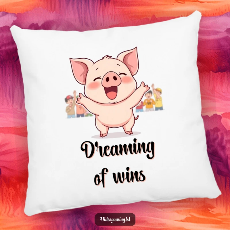 Funny pillow with a happy piglet cheering enthusiastically after a game win. Soft home accent.