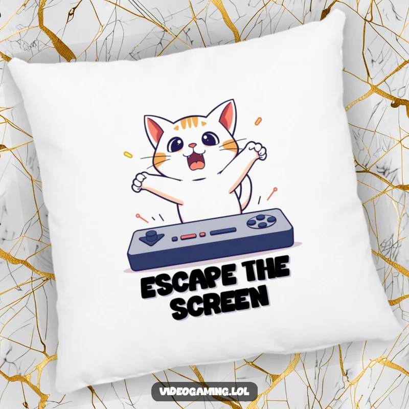 Funny Cat Gaming Pillow: A surprised cat leaps backward from a fast game, bringing soft comfort and humorous gaming vibes.