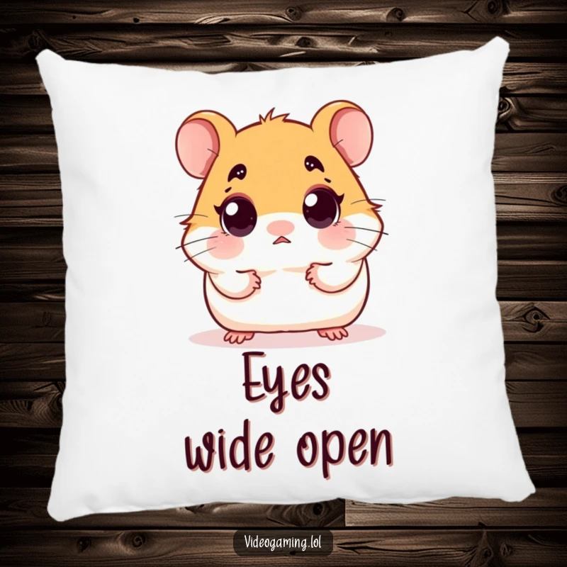 Funny pillow design featuring a small hamster with comically wide, surprised eyes staring at an unseen screen.