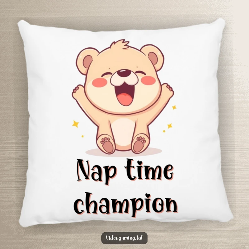 Funny pillow with a cute bear cub laughing hysterically while watching a pixelated character win a game.