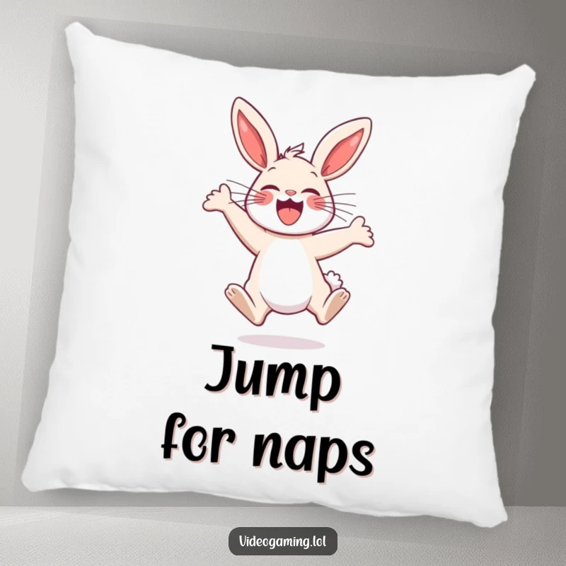 Funny Bunny Pillow: A happy bunny is depicted mid-jump, its form soft and conveying pure, excited joy.