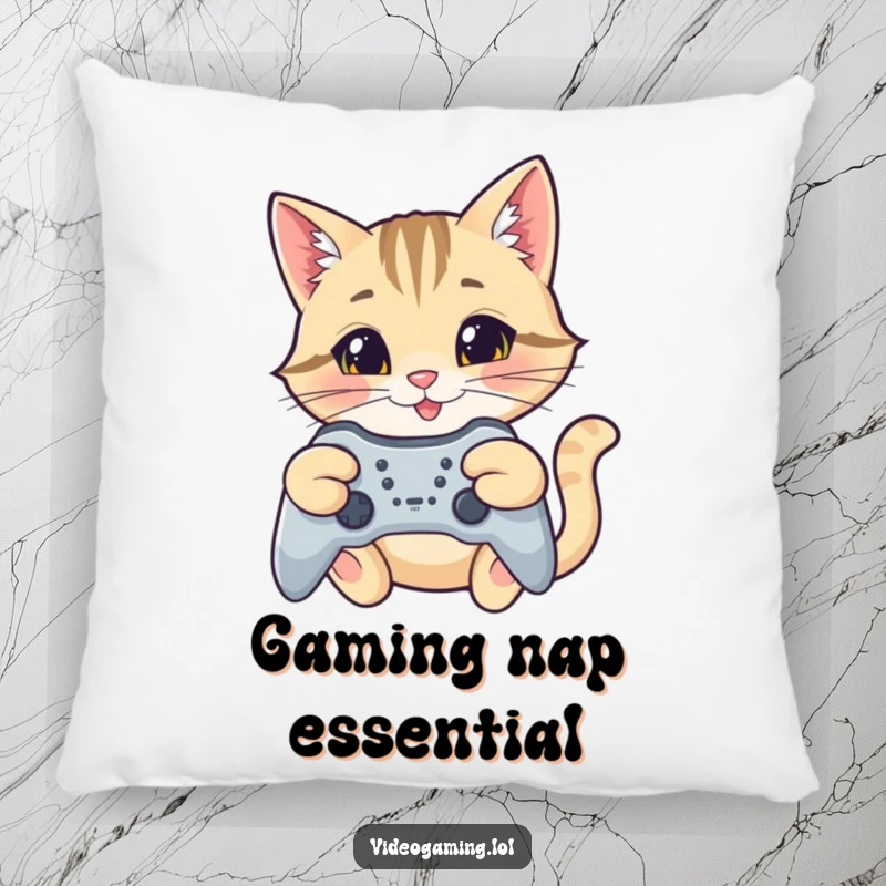 Funny cat gamer pillow, a happy cat with a focused smile aiming a game controller, perfect for gaming comfort.