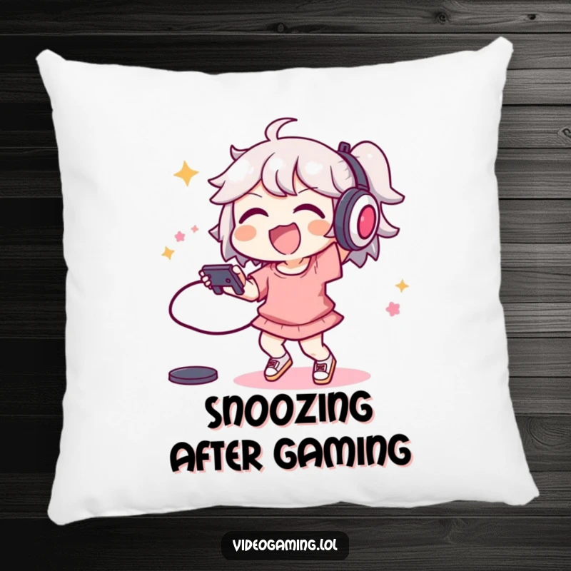 Funny pillow with a joyful character doing an energetic dance move while holding a video game controller.