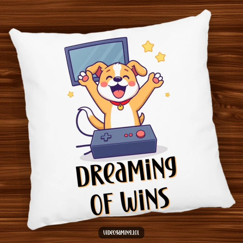 Funny dog gamer pillow, jumping in excitement over a video game win, offering comfort and humor.