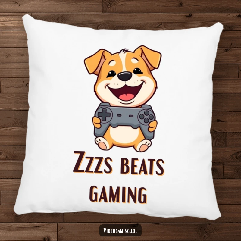Funny Dog Pillow: A playful dog grins widely while holding a controller, offering soft comfort and gamer charm.