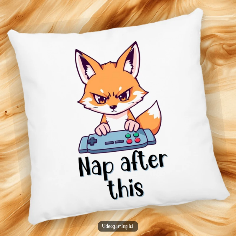 Funny fox gamer pillow, showing intense focus on a game screen, providing comfort and humor.