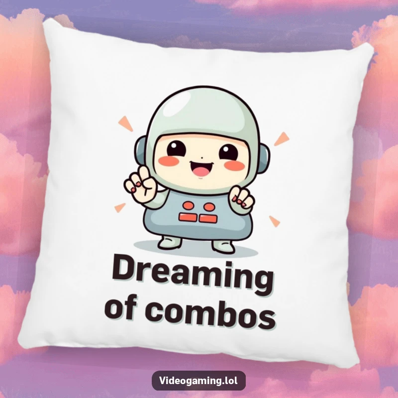 Funny Gamer Pillow: A smiling character resting, with rapid button presses subtly illustrated, offering comfort and gamer flair.