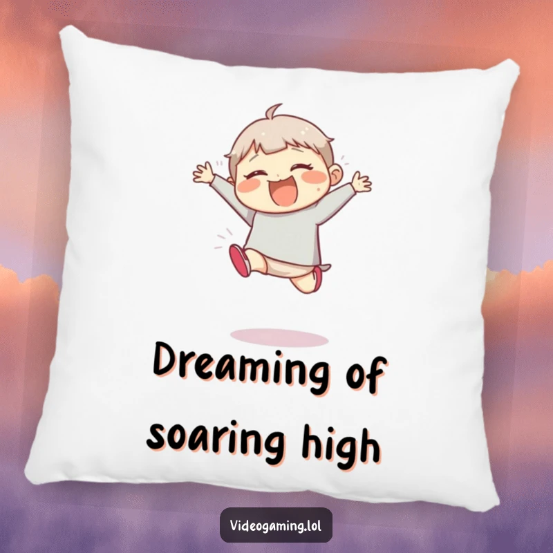 Funny pillow showing a giggling character in a comical, exaggerated, clumsy jump pose, smiling broadly.