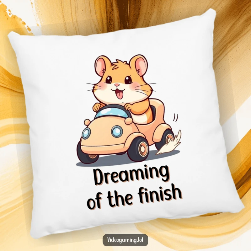 Funny Hamster Racer Pillow showing a happy hamster determinedly racing a tiny virtual vehicle, looking focused and triumphant.