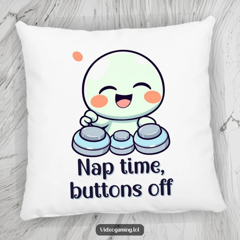 Funny pillow with a giggling character laughing heartily while mashing game buttons, adding humor to any room.