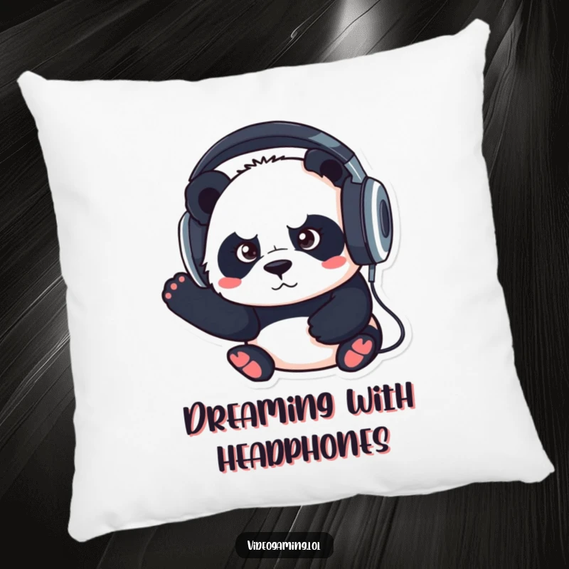 Funny pillow featuring a determined panda wearing oversized headphones, bringing a sense of calm focus and comfort.