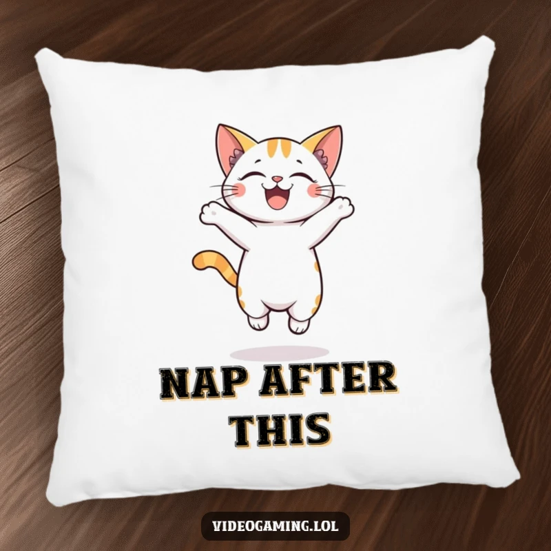 Funny pillow design featuring a happy cat enthusiastically jumping, adding a touch of playful excitement to home decor.