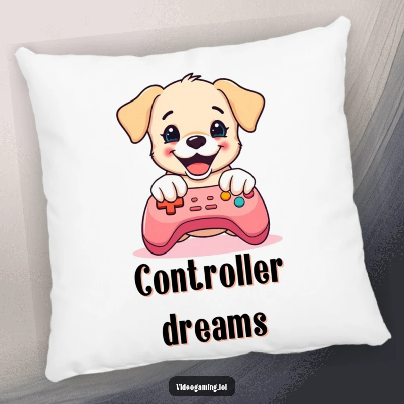 Funny Puppy Gaming Pillow: A delighted puppy mashes game controller buttons, bringing soft comfort and humorous gaming vibes.