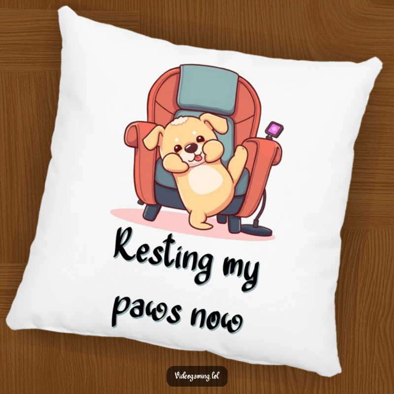 Funny puppy pillow featuring a clumsy dog falling backward out of a gaming chair, great for adding humor to any room.