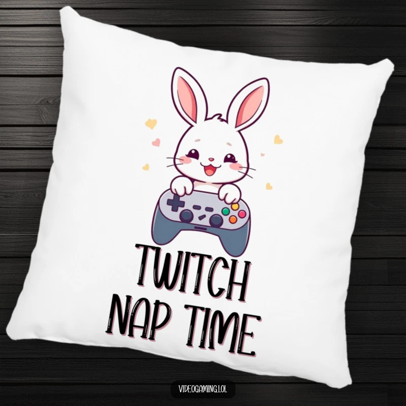 Funny rabbit gamer pillow, showing a cheerful rabbit rapidly tapping game controller buttons, comfortable and humorous.