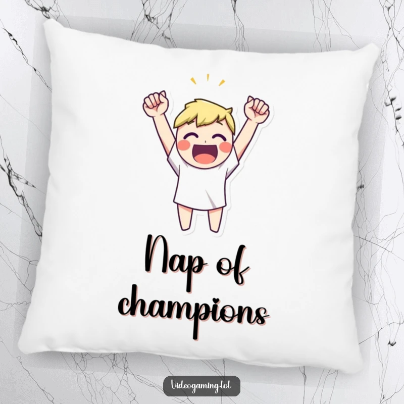 Funny happy character celebrating a victory with arms raised high, a soft and humorous pillow for winners.