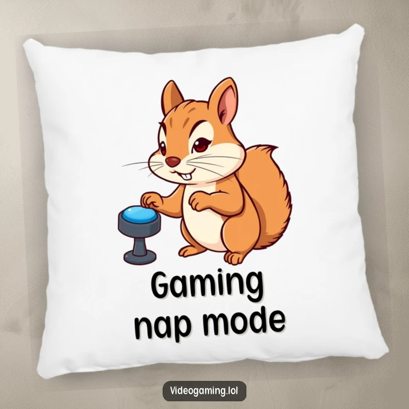 Funny pillow with a determined squirrel furiously mashing virtual buttons during gaming, a cartoon character bringing cozy, gamer-themed comfort.