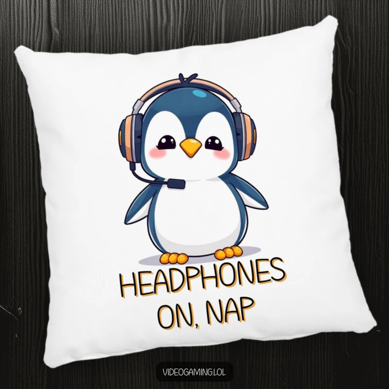Funny penguin gamer pillow, wearing oversized gaming headphones with a goofy expression, comfortable and humorous.