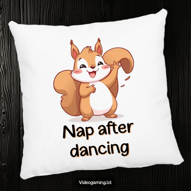 Funny pillow with a jubilant squirrel performing a victory dance, full of energy. Soft home accent.