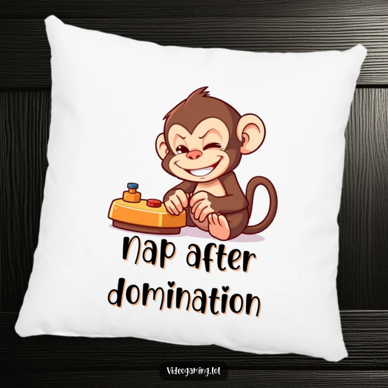 Funny Monkey Gamer Pillow showing a mischievous monkey with a big grin, passionately playing a video game.