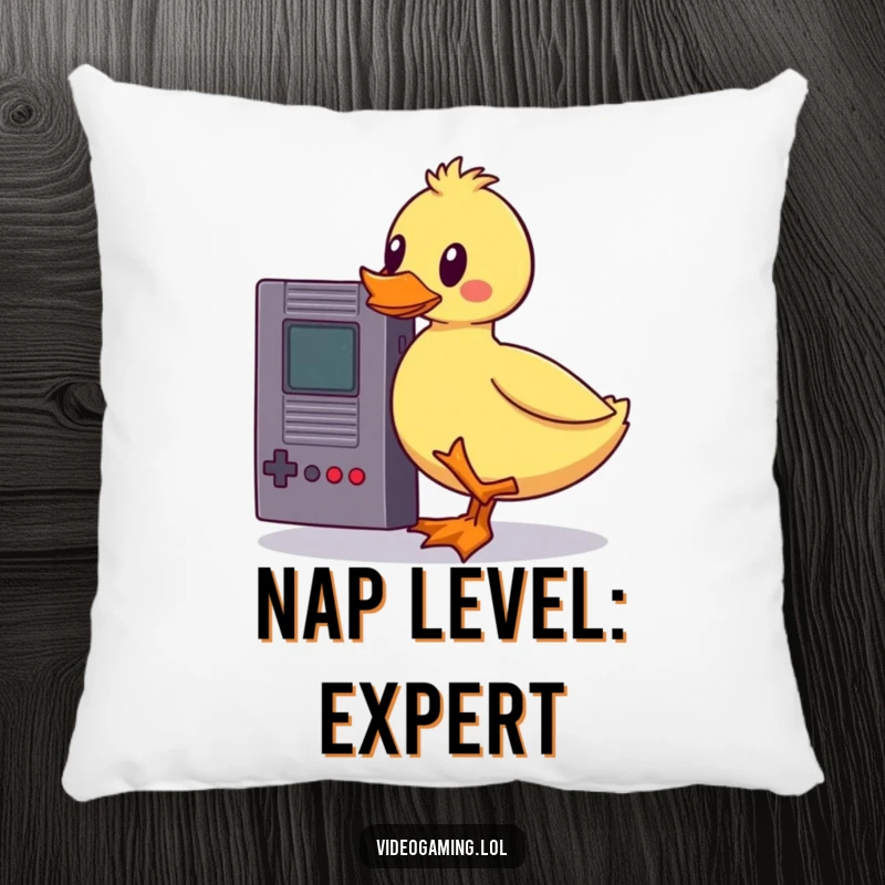 Funny wobbly duck pillow, humorously attempting to balance a vintage game cartridge, adding a soft touch of playful gaming humor to any space.