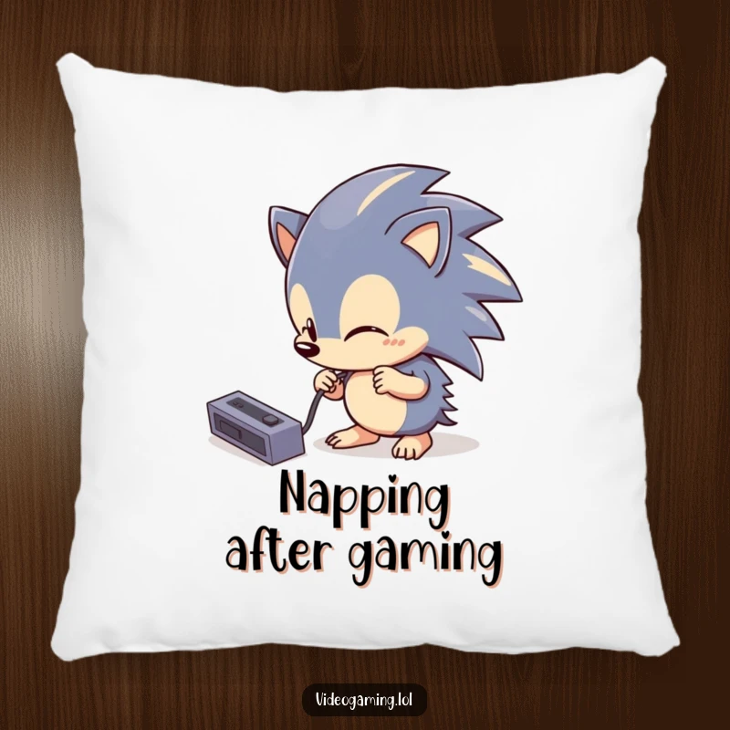 Funny Hedgehog Tech Pillow: A soft cushion featuring a curious hedgehog comically attempting to plug in a console cable, bringing comfort and humor.