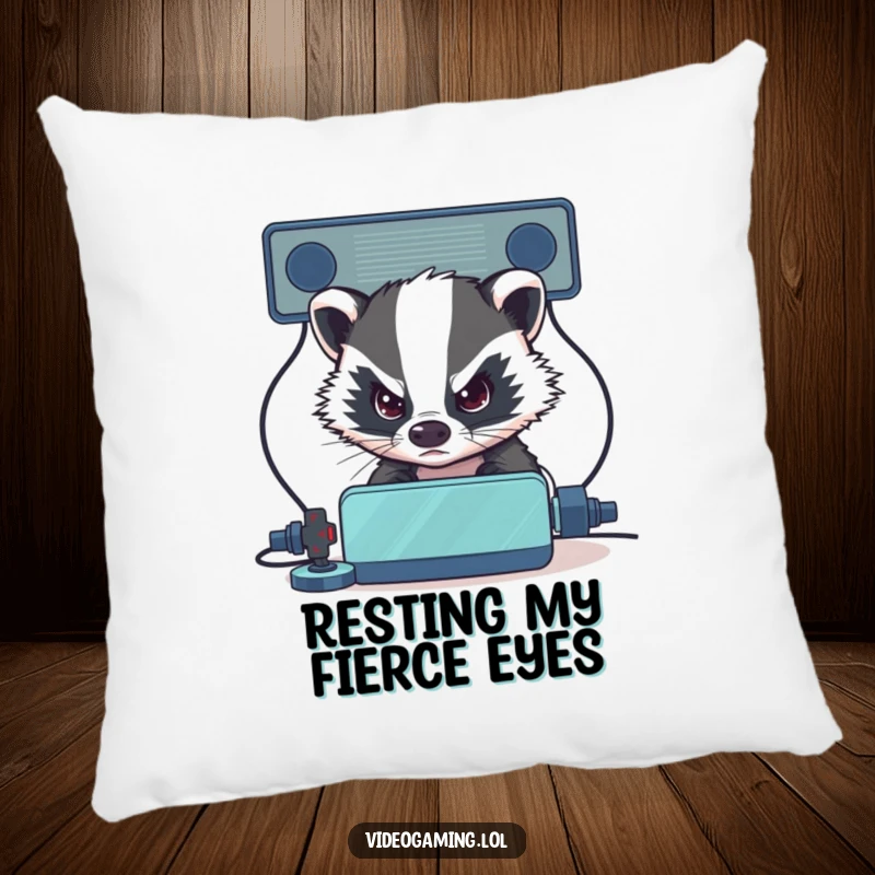 Funny Badger Pillow: A determined badger intensely eyes its virtual opponent, offering comfort and focus.
