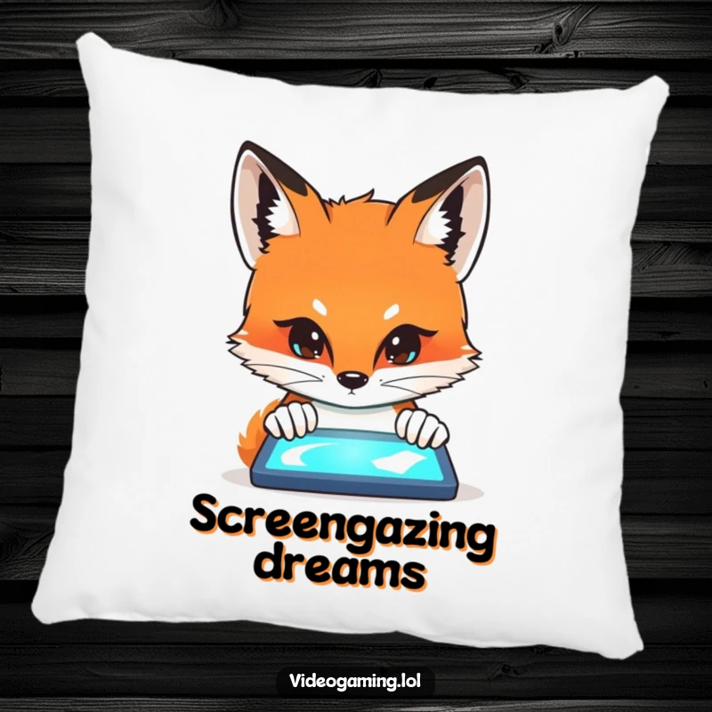 Funny Fox Curiosity Pillow showing a curious fox intensely peering at a glowing screen, radiating a sense of wonder.