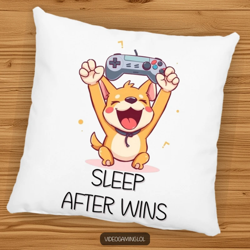 Funny happy dog holding a game controller aloft in victory on a soft pillow, bringing humorous gaming celebration and comfort.