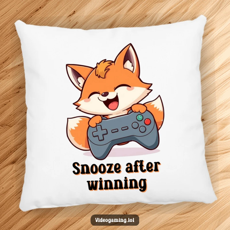 Funny pillow featuring a smiling fox frantically pressing game controller buttons, providing comfort and a touch of gaming humor.