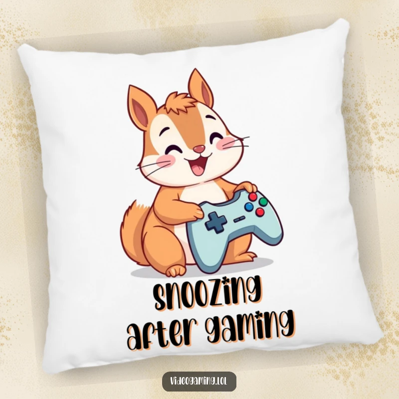 Funny squirrel snuggled up, controller in paws, ready to game, a soft and hilarious pillow.