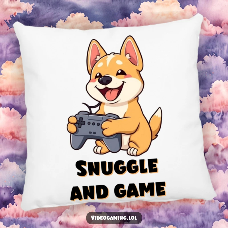 Funny dog pillow with a playful dog grinning widely while holding a video game controller, cozy gamer decor.