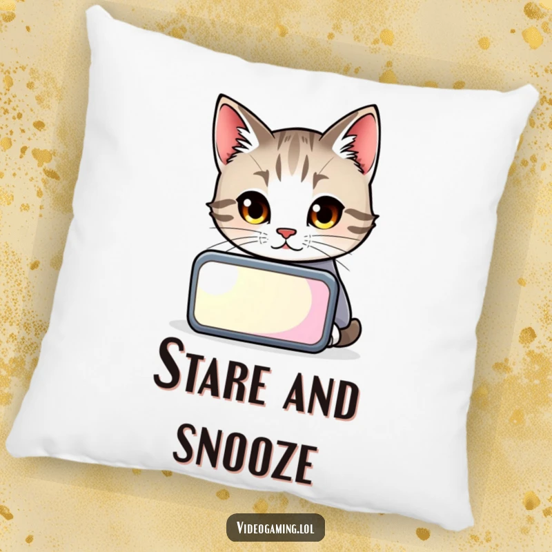 Funny cat leaning in, eyes wide, captivated by a glowing screen, a soft and hilarious pillow.