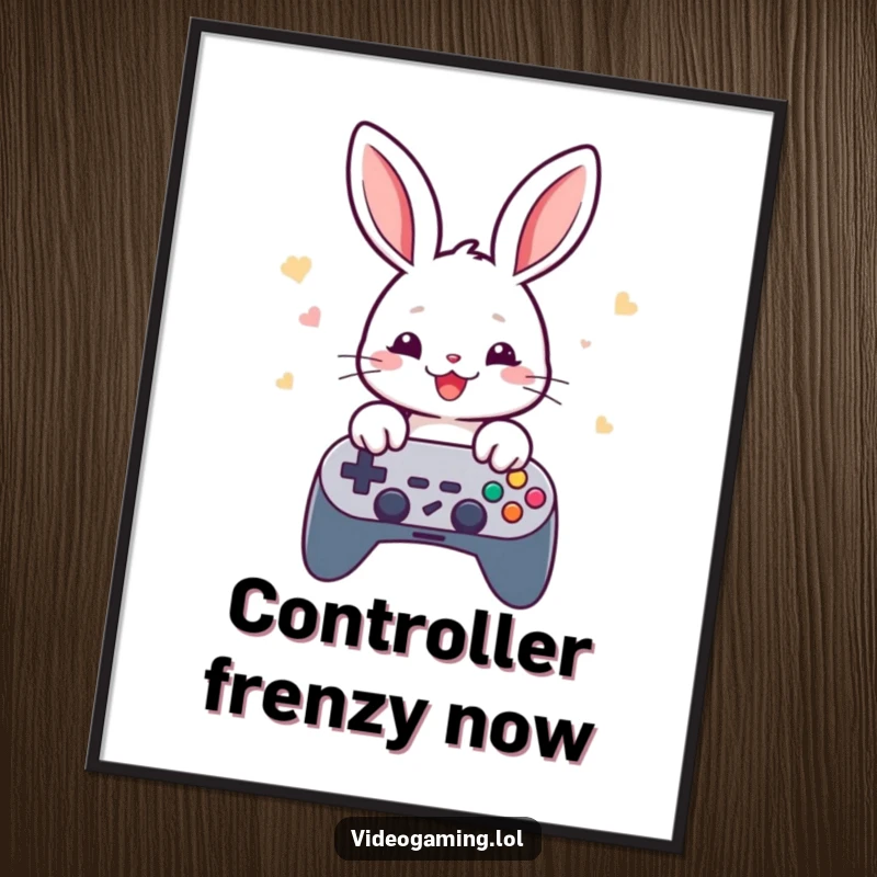 Funny rabbit gamer digital art print showing a cheerful rabbit rapidly tapping game controller buttons.
