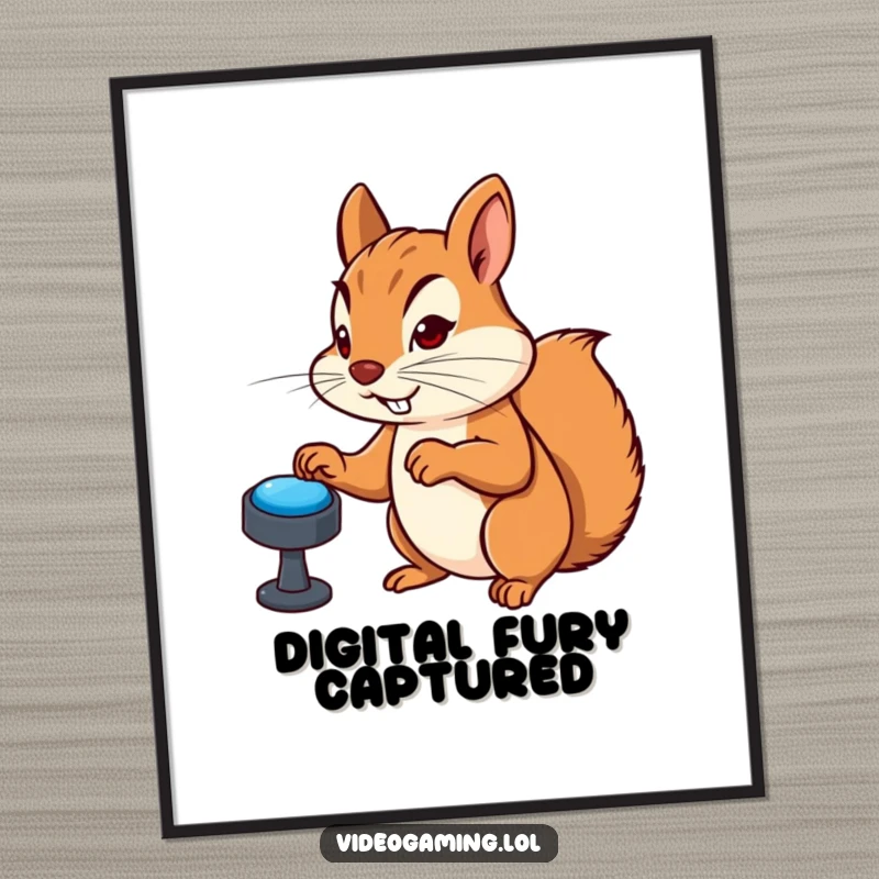 Funny digital art print of a determined squirrel furiously mashing virtual buttons during gaming, a cartoon character bringing instant gamer focus.