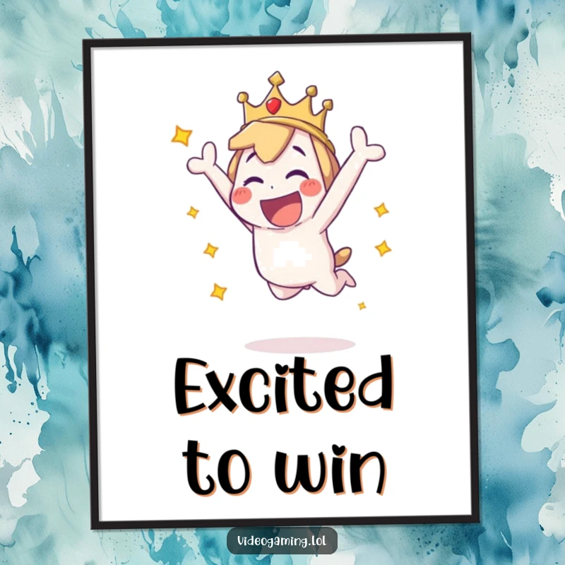 Funny digital art print of a playful character in an ecstatic leap, capturing the pure unbridled excitement of winning.