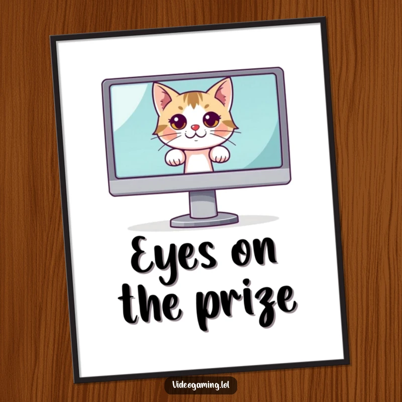 Funny digital art print of a curious cat peeking from behind a large monitor, capturing hilarious observation.