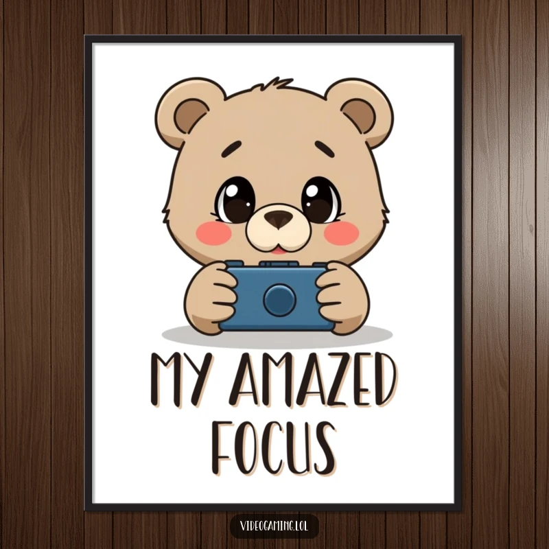 Funny digital art print of a curious bear with huge, amazed eyes mesmerized by a video game screen.