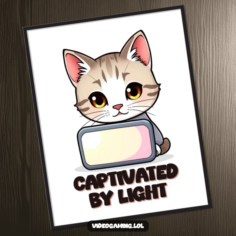 Funny cat with hypnotic gaze, fixated on a glowing digital screen, a high-res print for hilarious art.