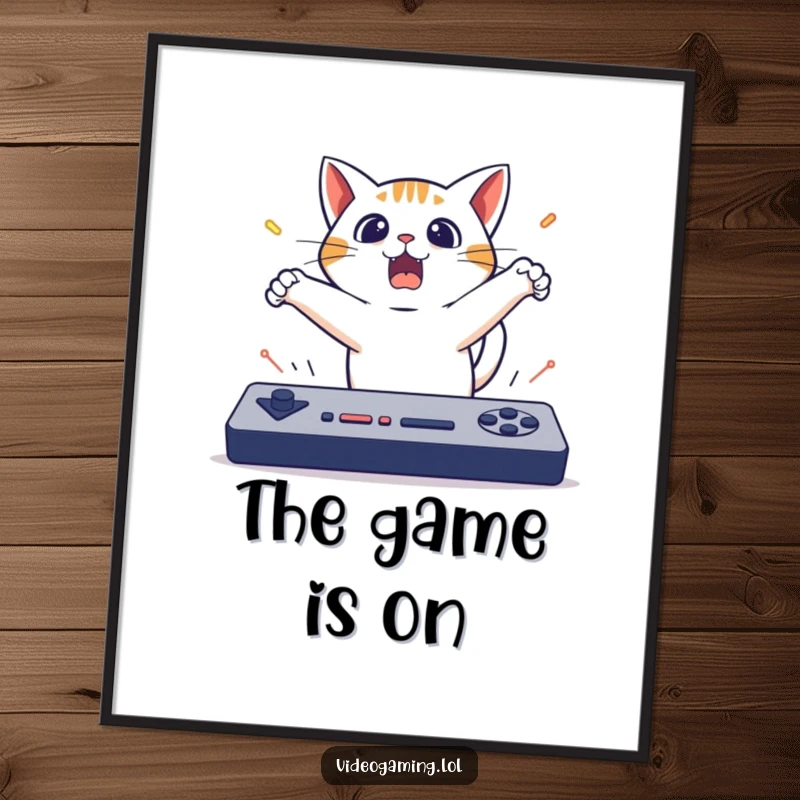Funny Cat Gaming Digital Art Print: A surprised cat leaps backward from a fast game, creating a comical and artistic piece.