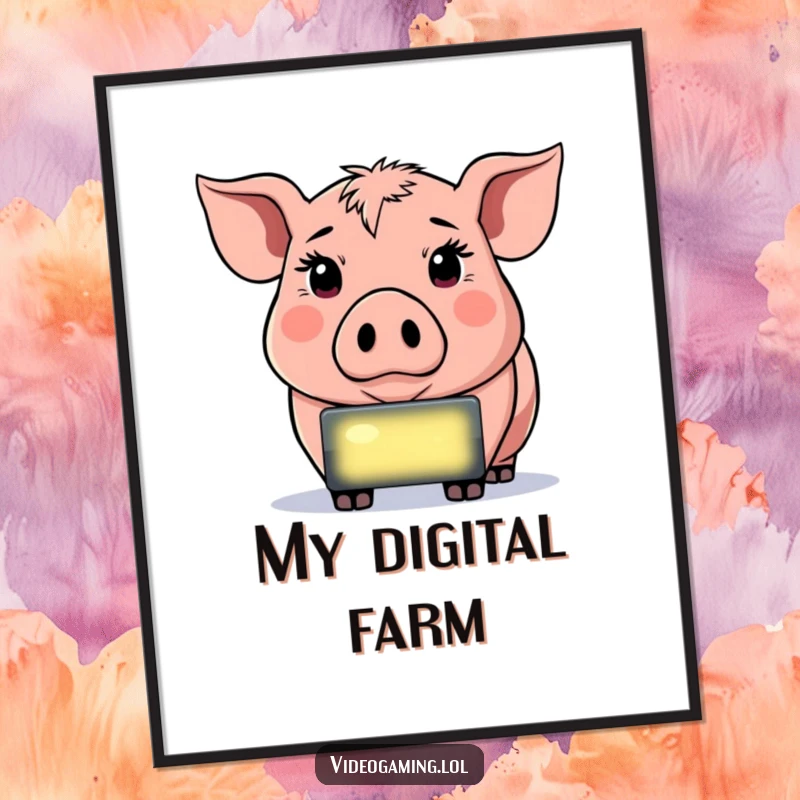 Funny Determined Pig Digital Art Print, staring intently at a glowing screen, embodying gamer dedication and humor.