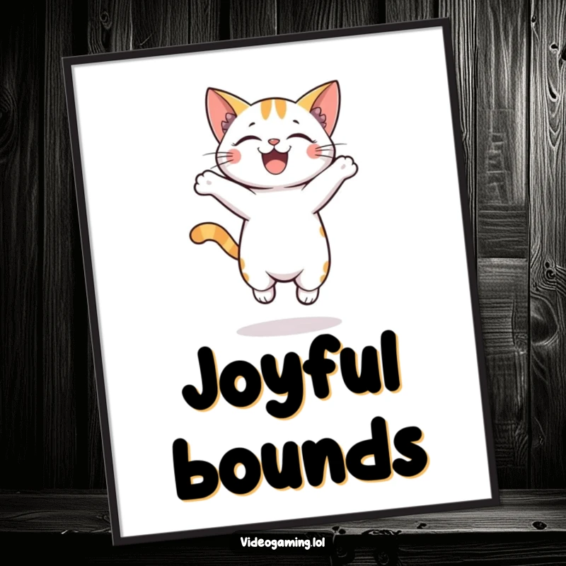 Funny digital art print of an excited cat captured mid-jump, radiating pure, unadulterated playful joy and energy.