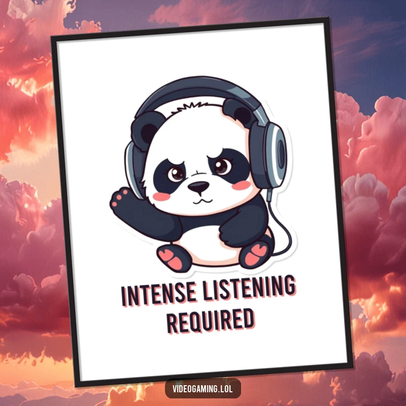 Funny digital art print of a determined panda wearing oversized headphones, embodying intense focus and musical immersion.