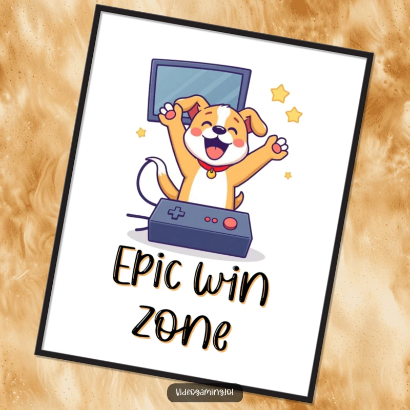 Funny dog gamer digital art print showing a dog celebrating a video game win with a jump.