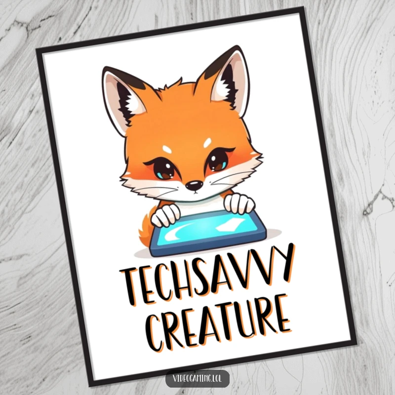 Funny Fox Screen Stare Digital Art Print of a curious fox peering intently at a bright, glowing screen, full of wonder.