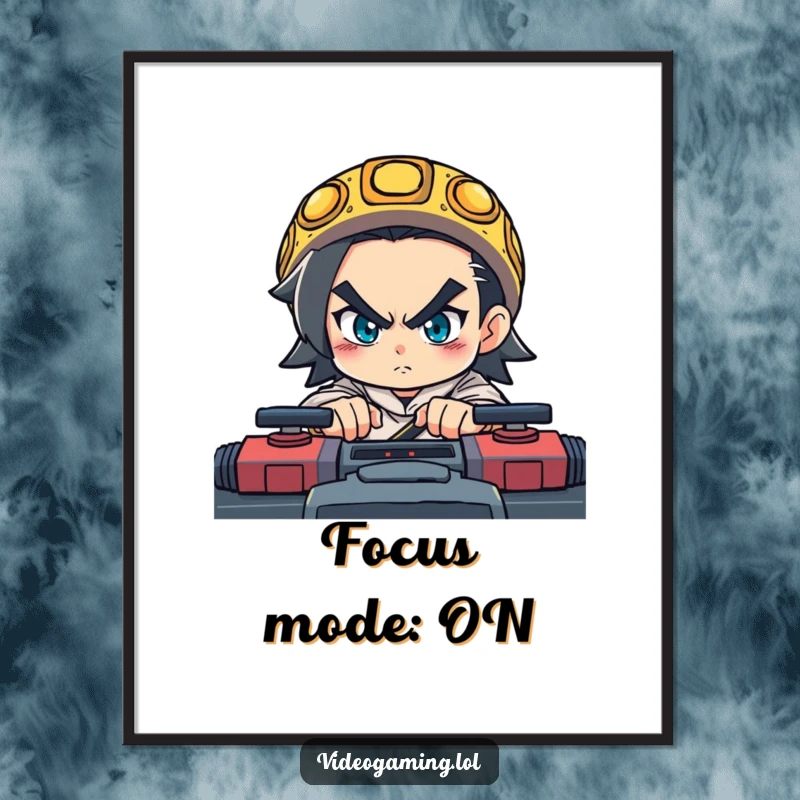 Funny digital art print of a determined character with narrowed eyes, intensely focused on a fast-paced video game.